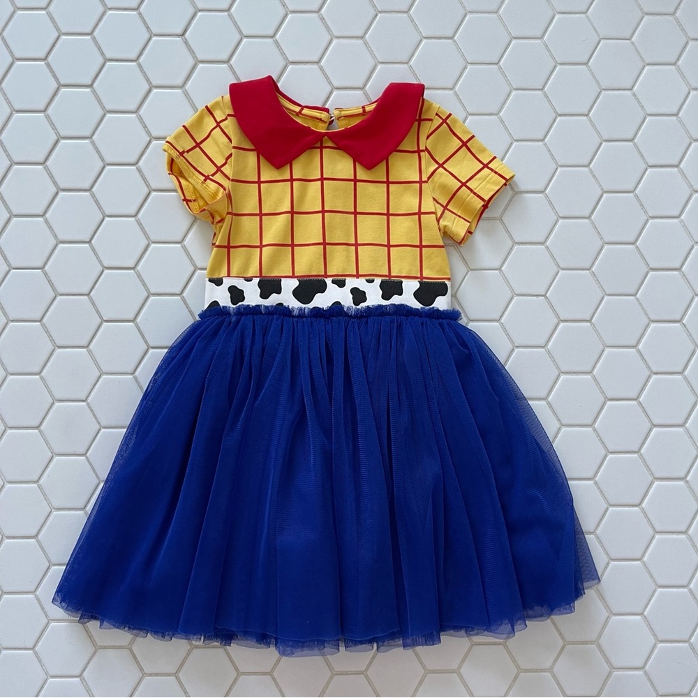Yellow and Blue Kids Dress with Red Collar
